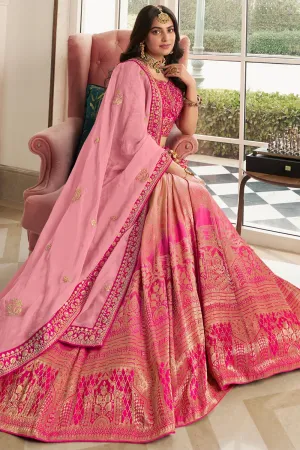 Ombre Coral Pink Heavy Embroidered Silk Bridal Lehenga Choli
