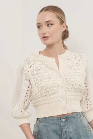 Paige 3/4 Sleeve Crochet Cardigan Sweater Top Cream
