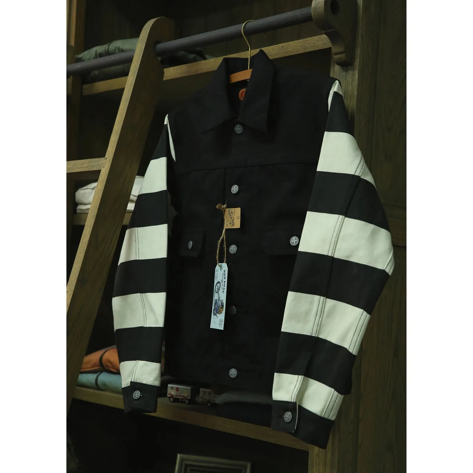 Patchwork Prison Stripe Canvas Jacket with Hot Rod Motorcycle Rugged Style