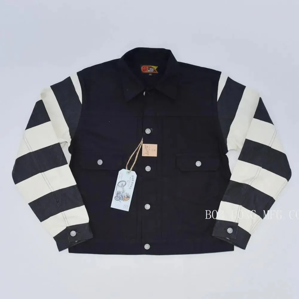 Patchwork Prison Stripe Canvas Jacket with Hot Rod Motorcycle Rugged Style