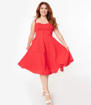 Plus Size Vintage Style Red Floral Eyelet Valerie Swing Dress