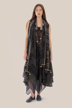 Printed cotton scarf with fabric tassels