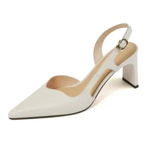 Purpdrank - Sexy Genuine Leather Women Slingbacks Sandals SmallHut Summer High Chunky Heels Sandal T-Strap Beige Yellow Ladies Party Shoes
