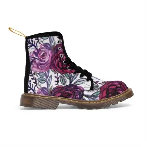 Purple Rose Floral Women's Boots, Flower Printed Laced-up Combat Hiking Boots For Ladies