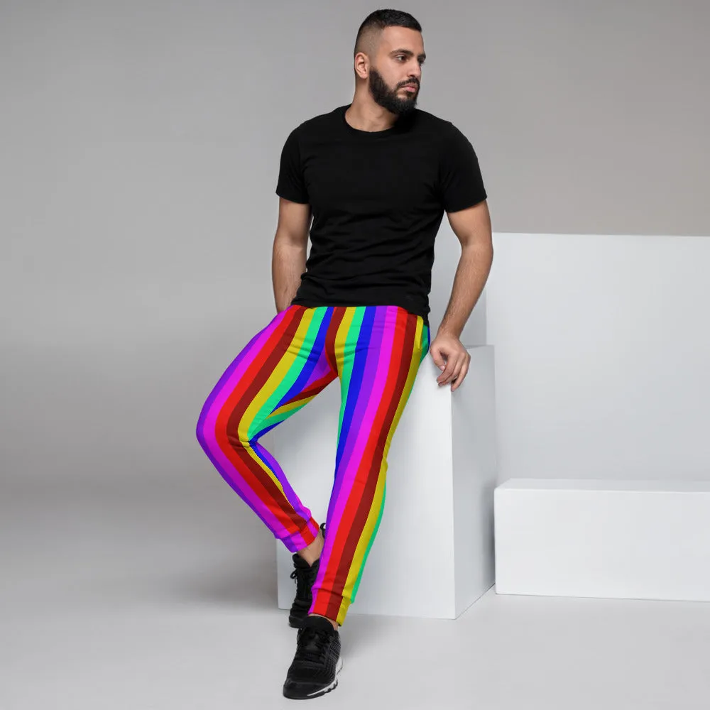 Rainbow Stripe Men's Joggers, Gay Pride Colorful Casual Rave Festival Sweatpants-Made in EU