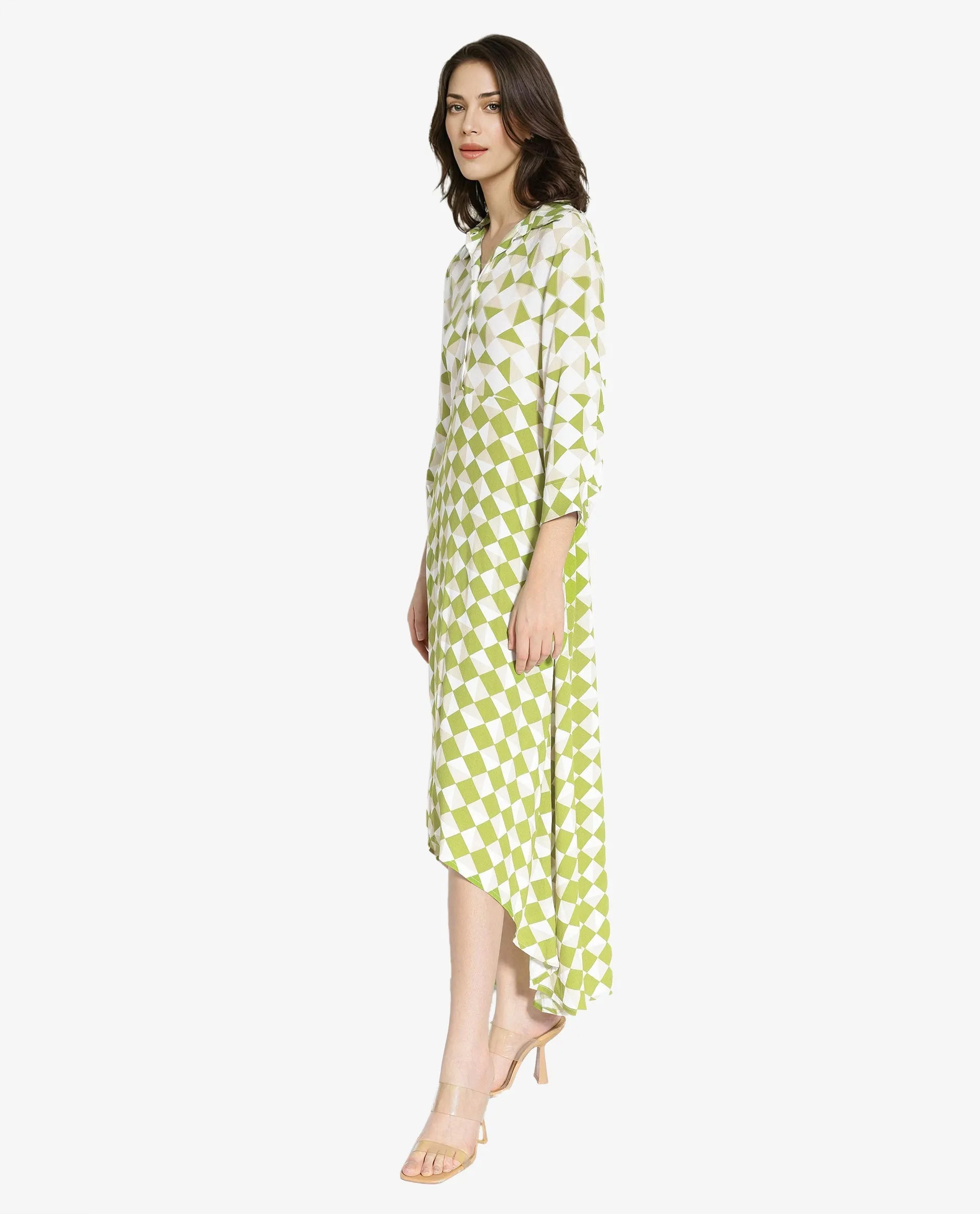 Rareism Women Alice Light Green Cuffed Sleeve Collared Button Flared Geometric Print Maxi Dress
