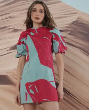 Rareism Women Chloris Maroon Cotton Fabric Short Sleeves Zip Closure Round Neck Puff Sleeve Tailored Fit Abstract Print Knee Length Dress