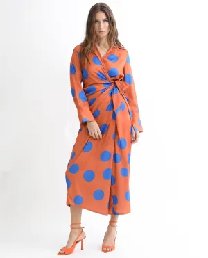 Rareism Women Farben Dark Orange Polyester Fabric Full Sleeves Tie-Up Closure Shirt Collar Regular Fit Polka Maxi Wrap Dress