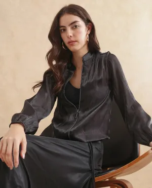 Rareism Women Wals Black Mandarin Collar Zipper Closure Regular Fit Plain Jacket