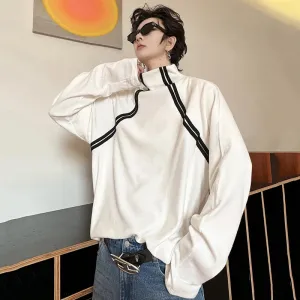 Ribbon Decoration Men's Tops Mock Neck Long Sleeve Contrast Color Simple Casual Male Pullover Trendy Autumn 9C3999