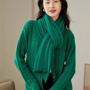 Round Neck Cashmere Cardigan Women's Retro Cable Knit Cardigan Thickened Long Sleeve Sweater