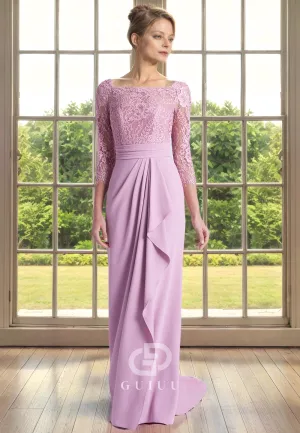 Sheath Scoop Neck 34 Length Sleeves Lace Pleated Ruffles Mother of Bride Dress