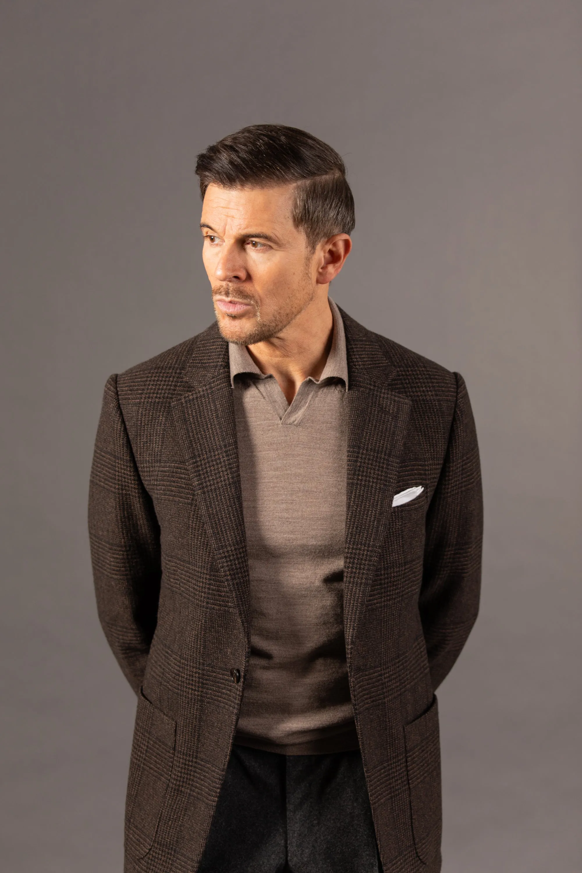 Single Breasted Notch Lapel Jacket in Chocolate Brown Glen Check