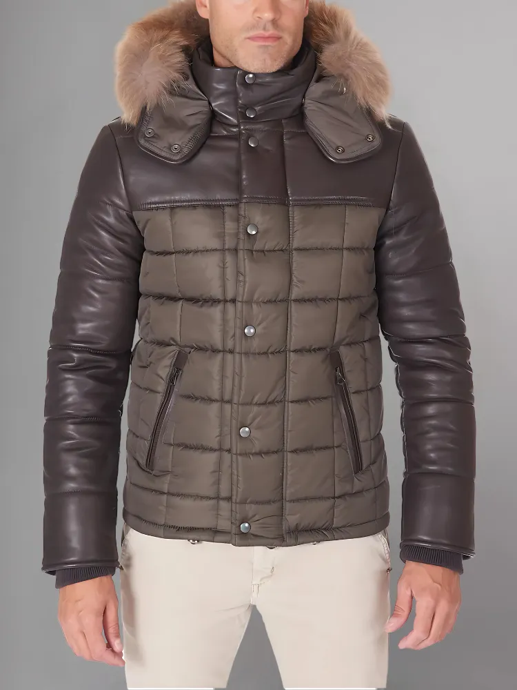 Sky Puffered Jacket hooded leather down Jacket and fabric