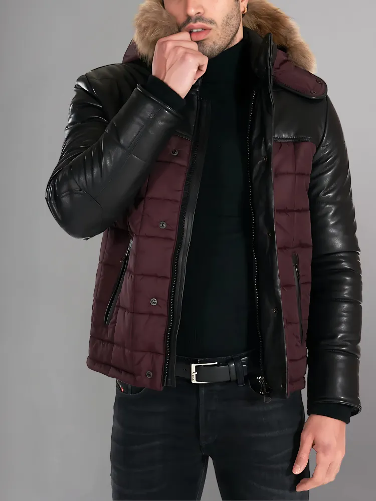 Sky Puffered Jacket hooded leather down Jacket and fabric