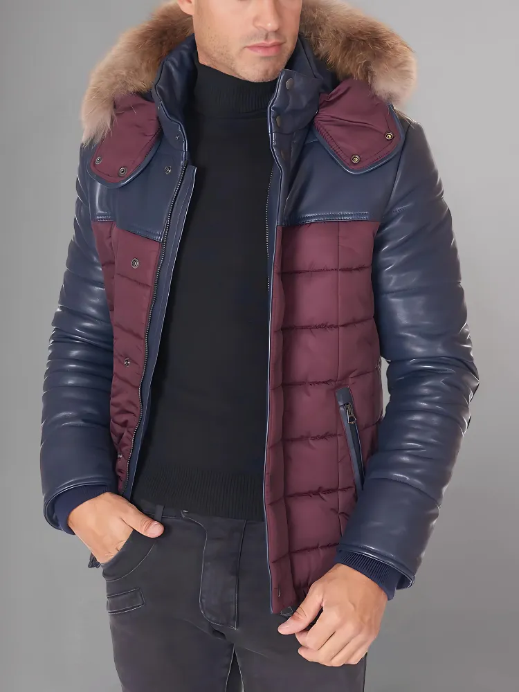 Sky Puffered Jacket hooded leather down Jacket and fabric