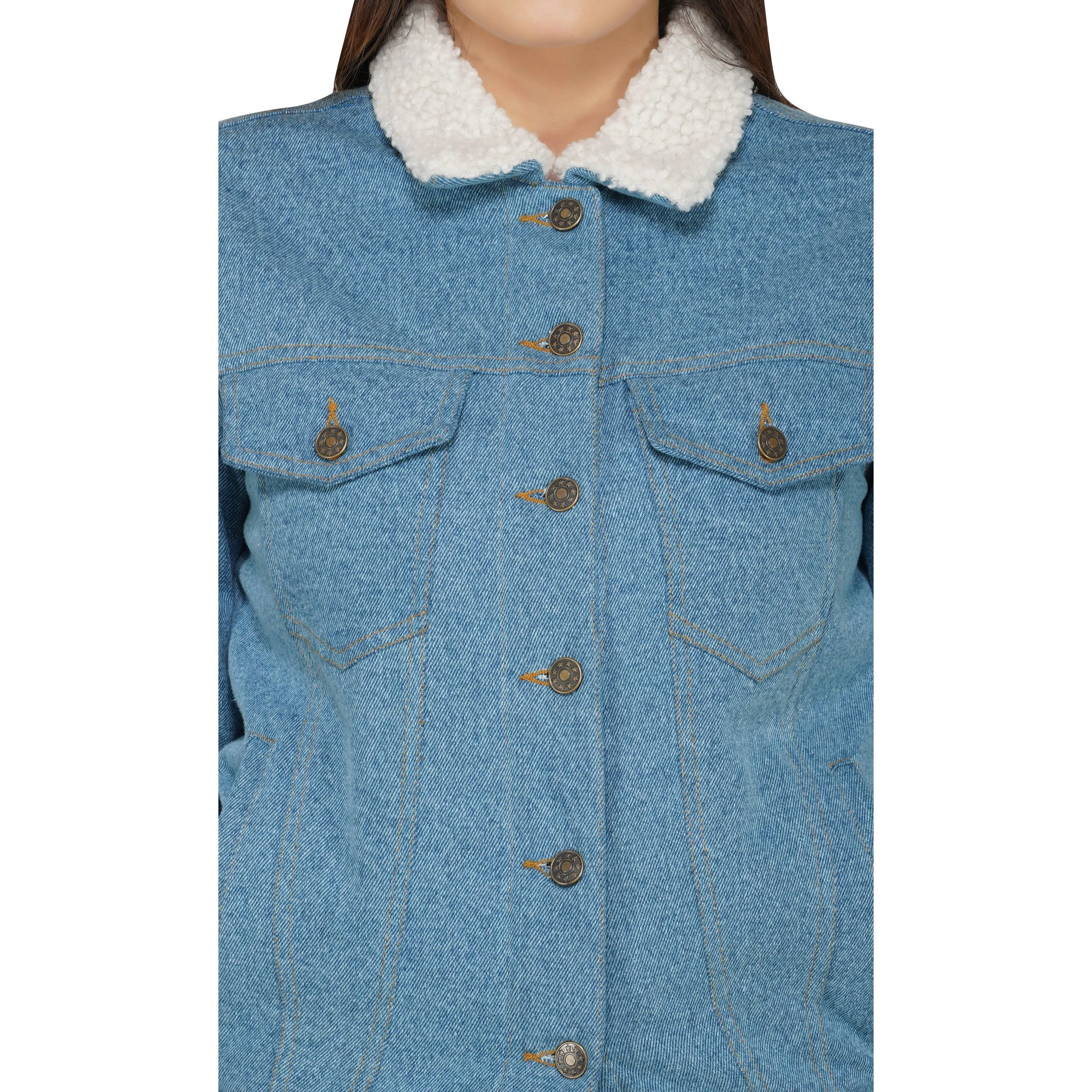 SLAY. Embroidered Women's Enzyme Washed Denim Jacket with Faux-fur Lining