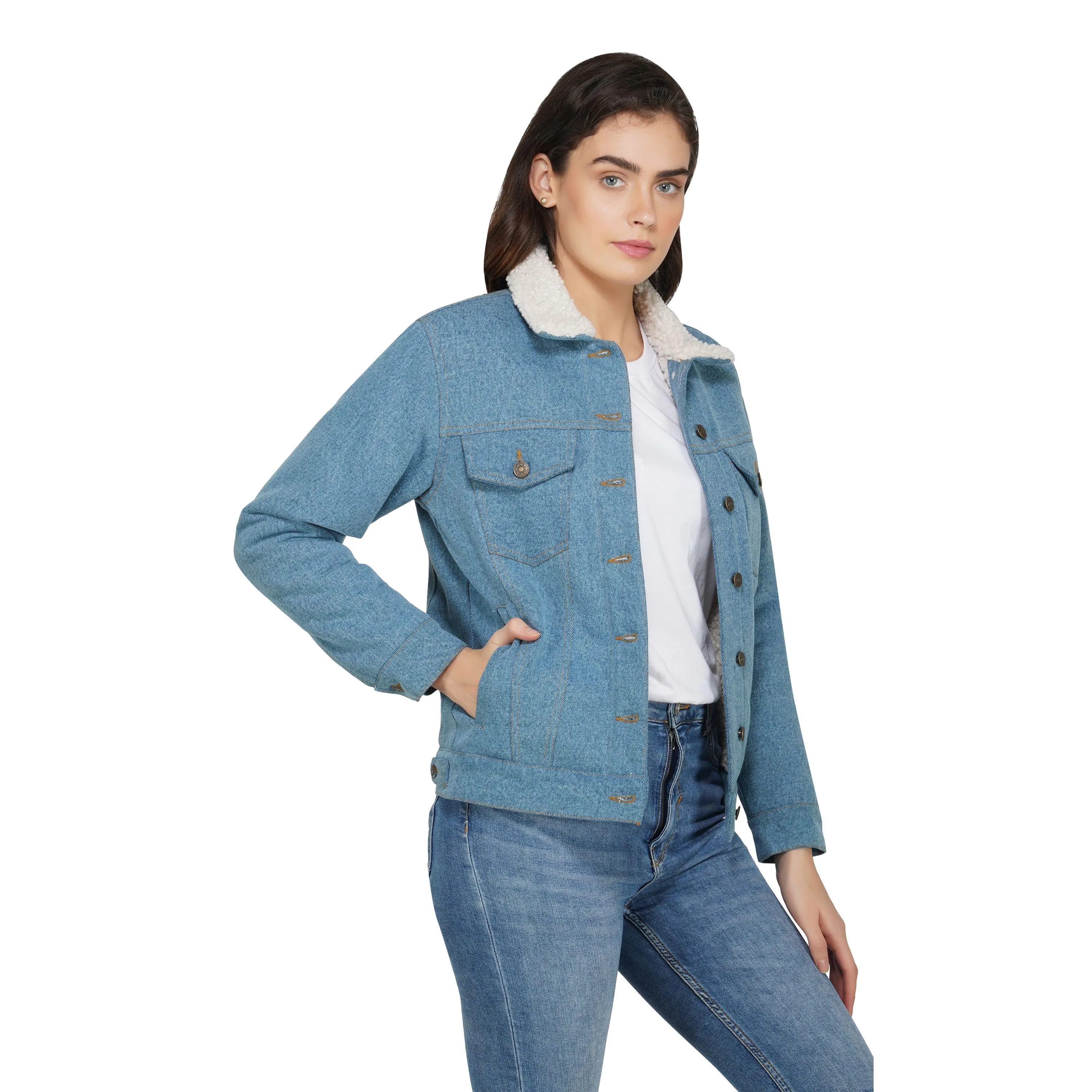 SLAY. Embroidered Women's Enzyme Washed Denim Jacket with Faux-fur Lining