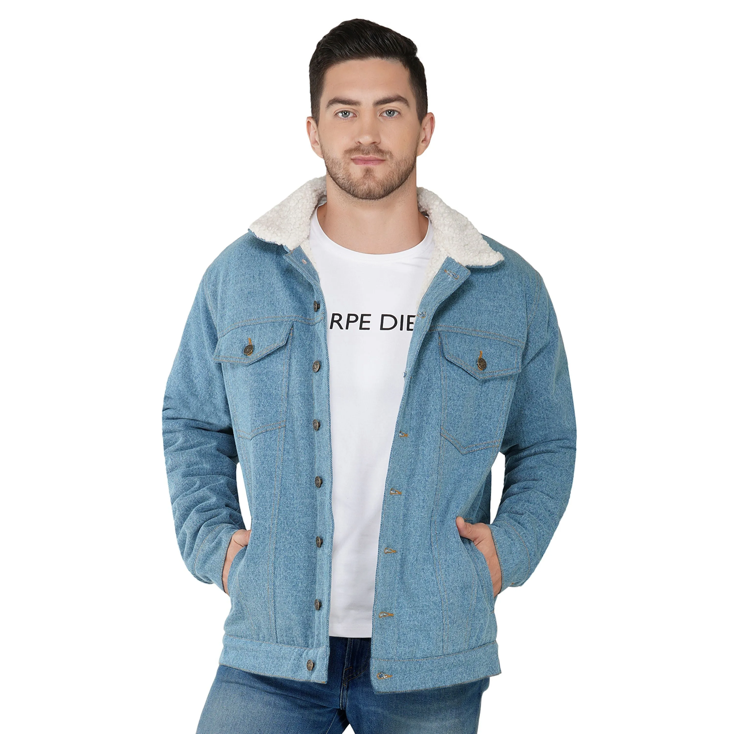 SLAY. Men's Full Sleeves Blue Solid Button-Down Washed Light Blue Denim Jacket with Faux-fur Lining