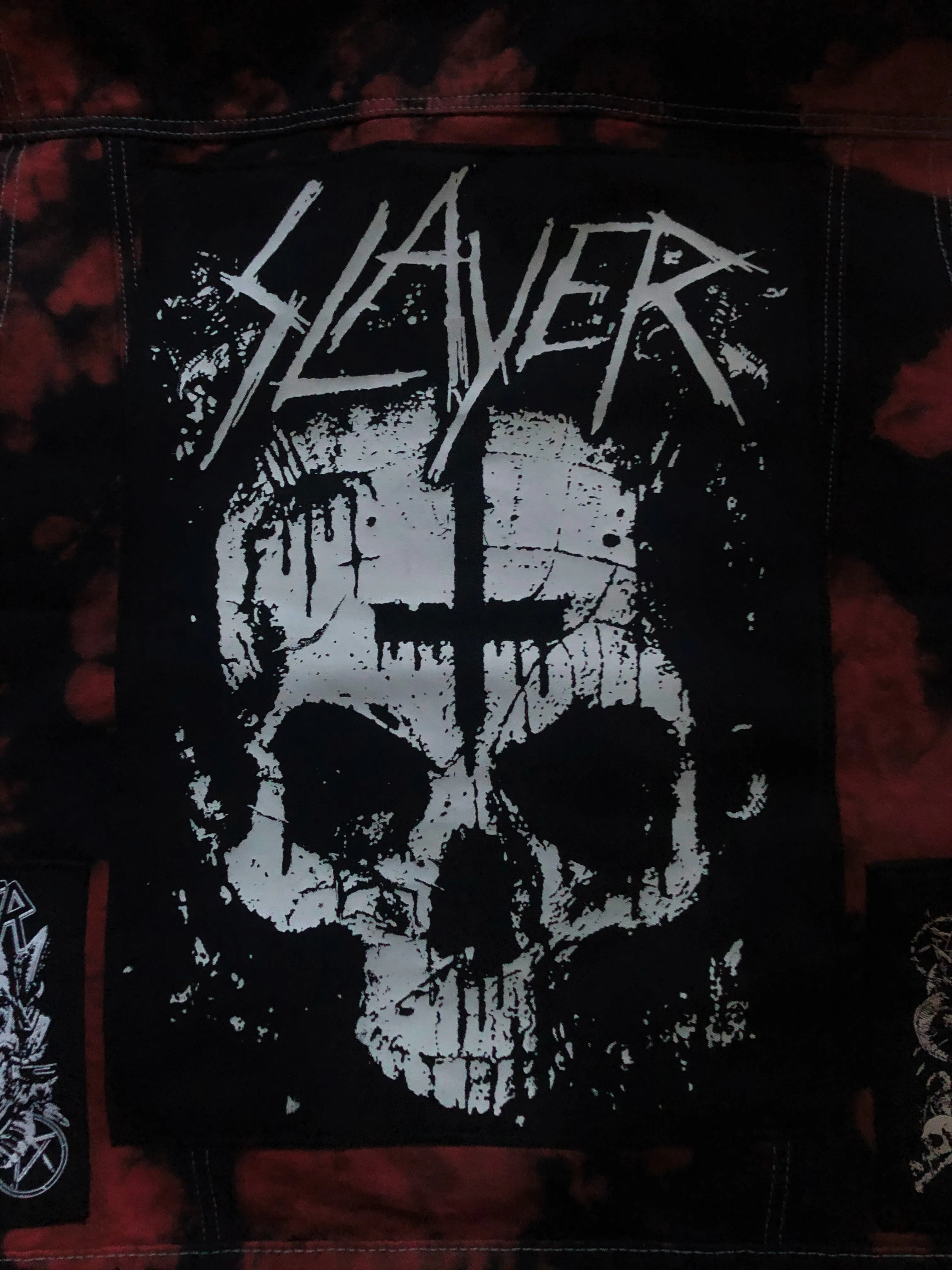 Slayer Raining Blood Red Tie-Bleach Patch Battle Jacket Cut-Off Denim