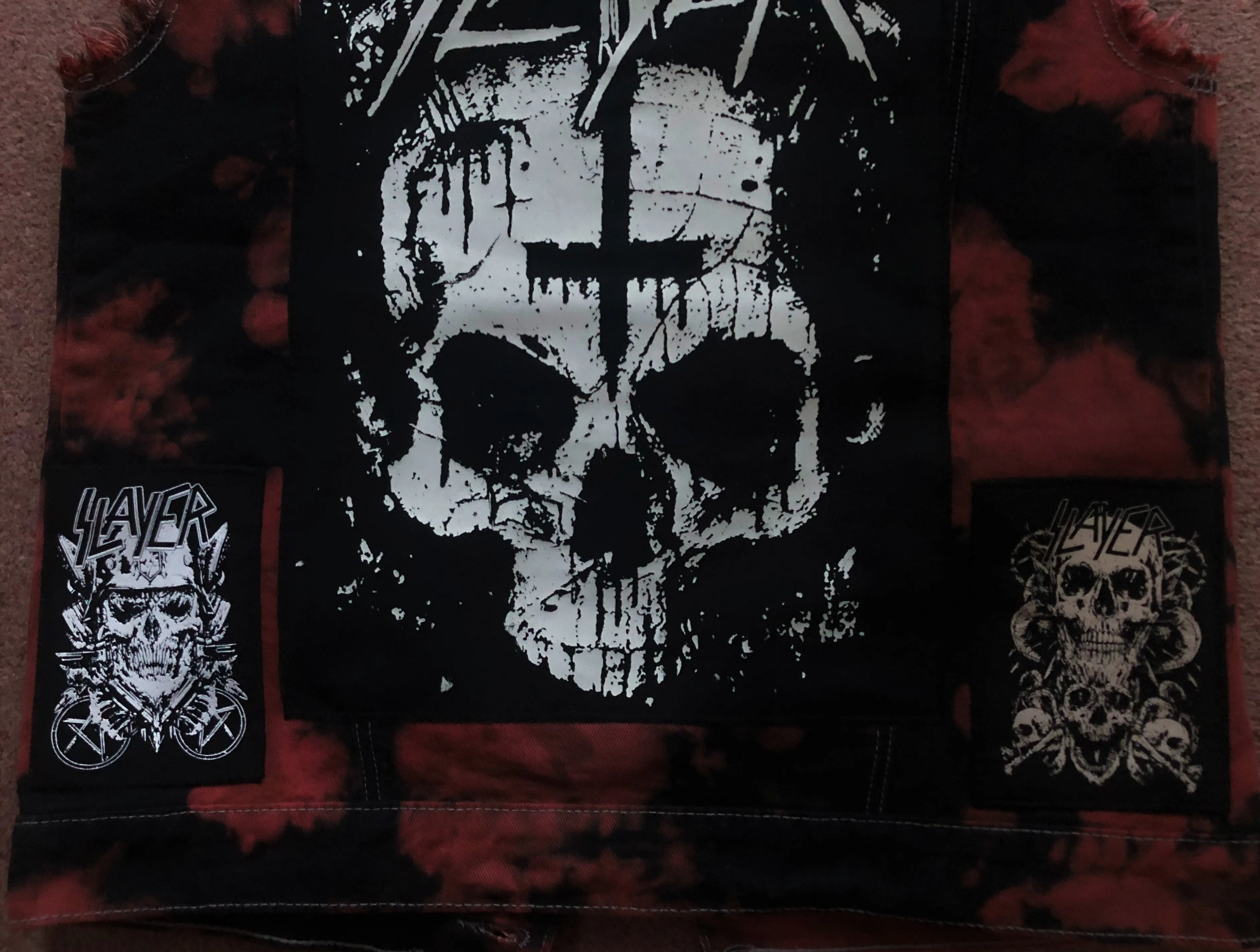 Slayer Raining Blood Red Tie-Bleach Patch Battle Jacket Cut-Off Denim