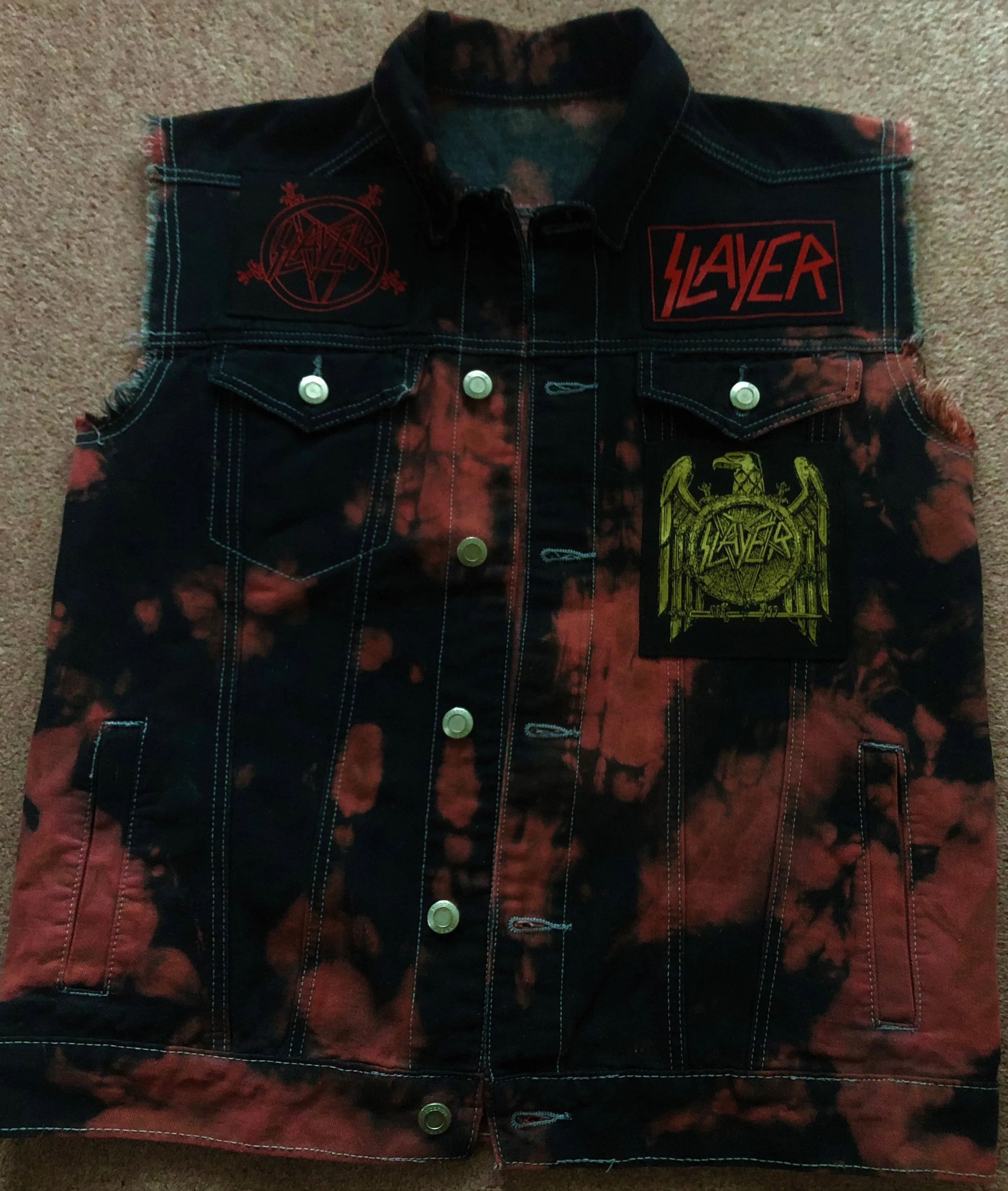 Slayer Raining Blood Red Tie-Bleach Patch Battle Jacket Cut-Off Denim