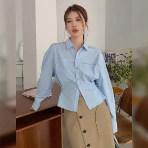 Slim Waist Blue French Style Shirt Solid Color Chic Pockets Single Breasted Fashion Female Shirts Simple Office Ladies