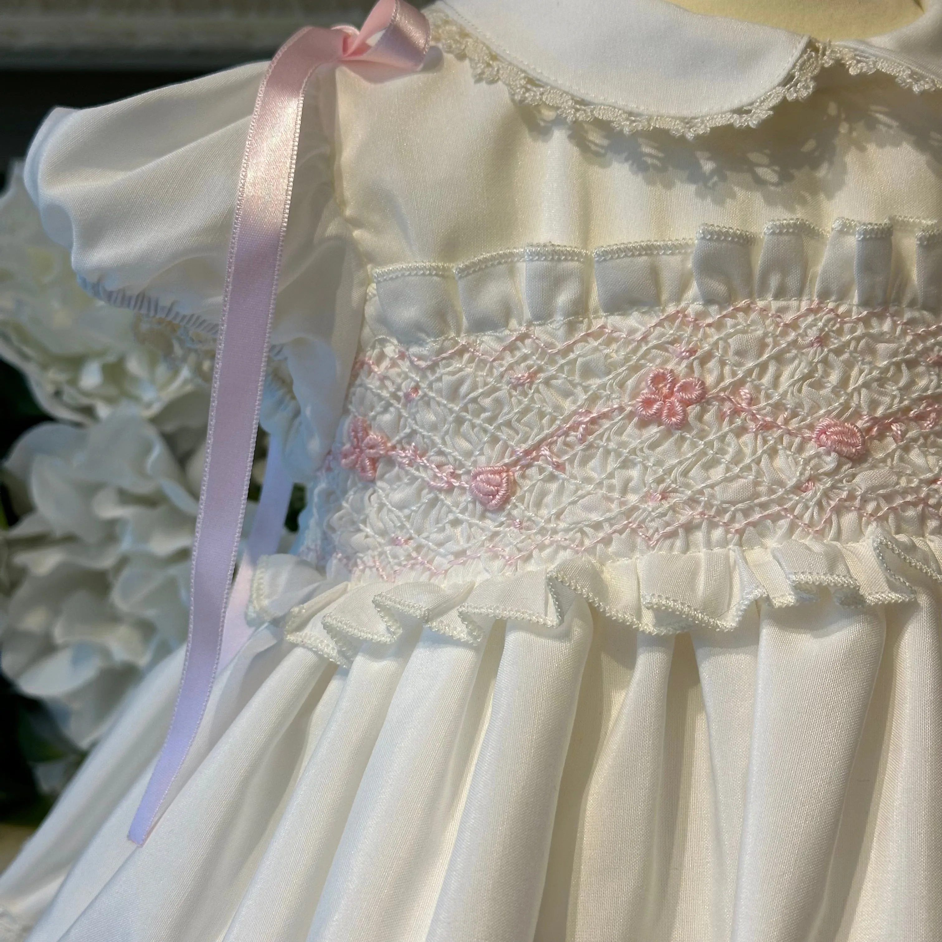 Smocked Antique White and Pink Dress