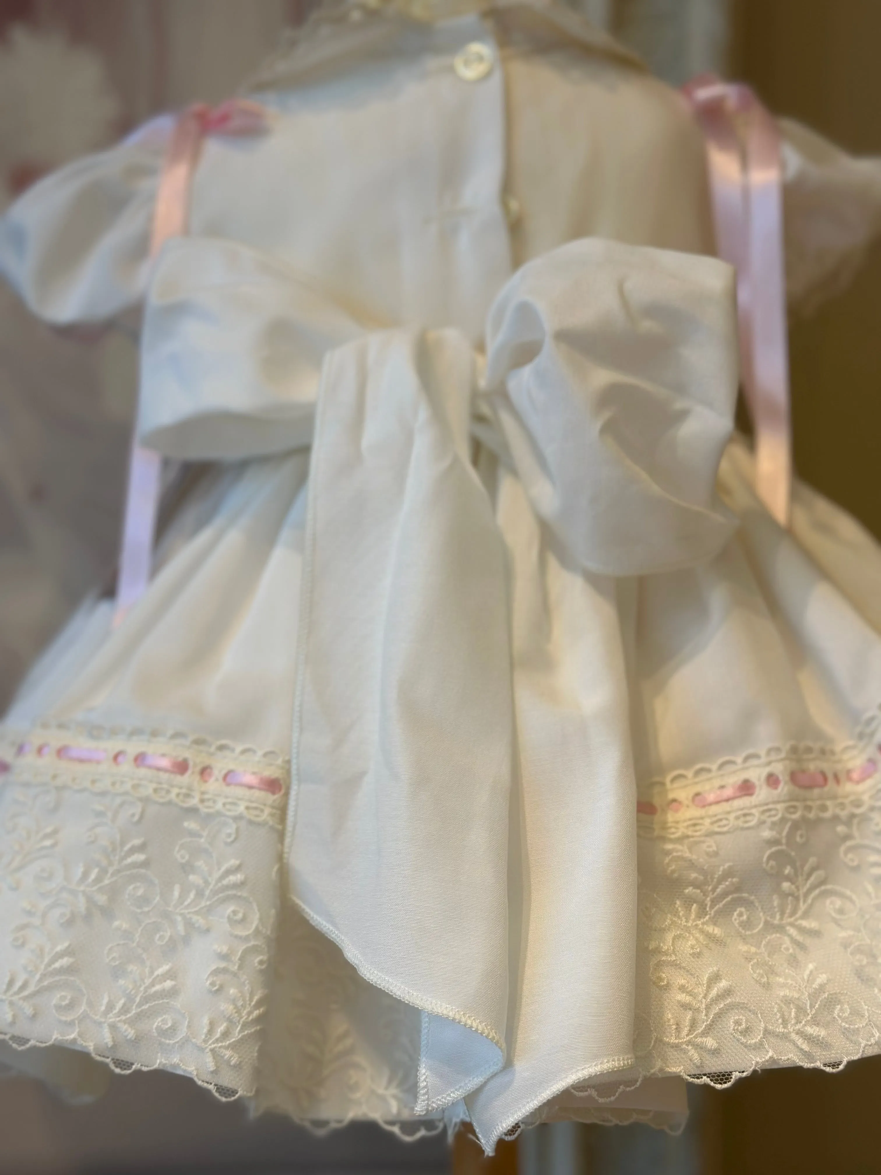 Smocked Antique White and Pink Dress