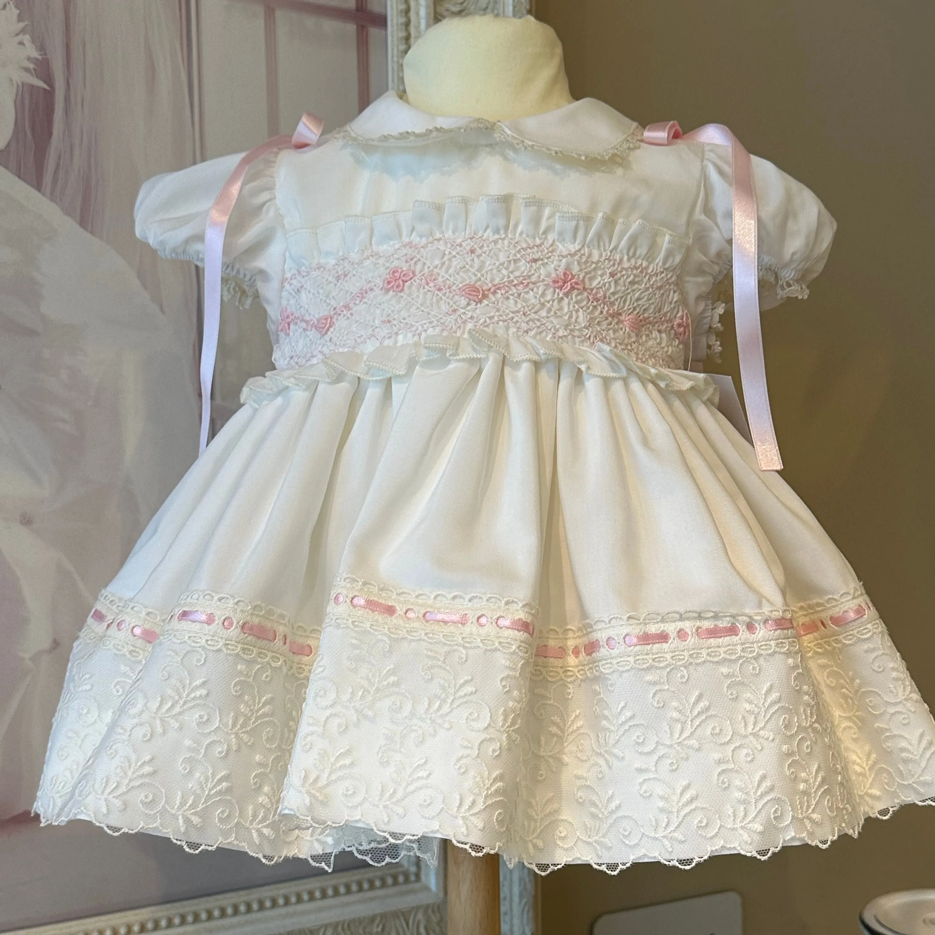 Smocked Antique White and Pink Dress