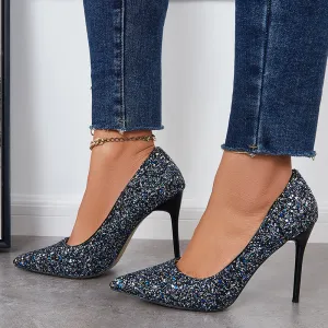 Sohiwoo  Women Shiny Sequin Stilettos Heels Court Pumps Pointed Toe Dress Shoes