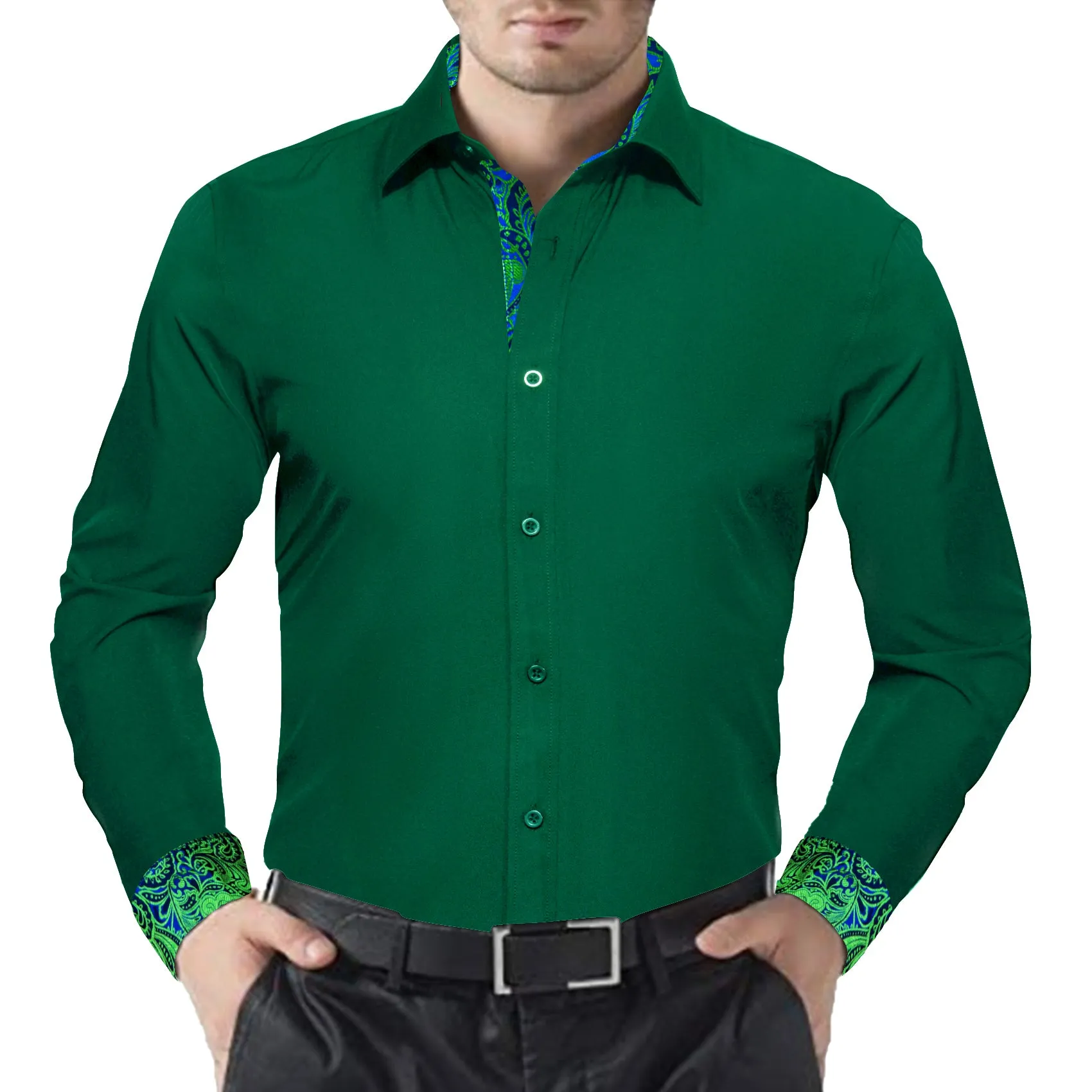 Splicing Style Dark Green with Blue Green Paisley Edge Men's Long Sleeve Shirt