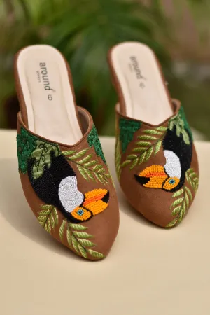 Suede Embroidered Brown Mules