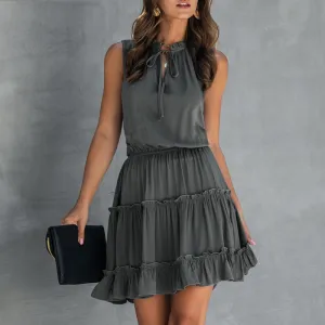 Summer Sleeveless Solid Ruched High Waist V-neck Ruffled Cotton Boho Dress