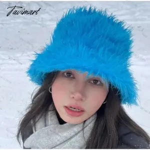 Tavimart Fluffy Fur Fisherman Hat for Women Winter Warm Thick Plush Bucket Hat Lady Luxury Cover Ear Protection Cold Proof Warm Plush Hat