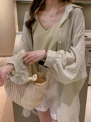 Thin Summer Women Long Shirts Long Sleeve Loose Korean  Oversize Sun Protection Shirt Fashion Button Casual Female Tops