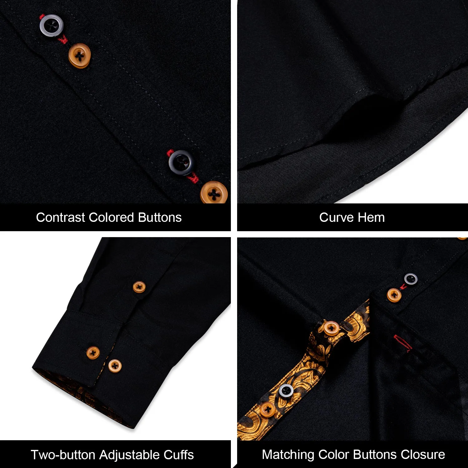 Ties2you Button Down Shirt Black Gold Paisley Stitching Silk Men's Long Sleeve Shirt