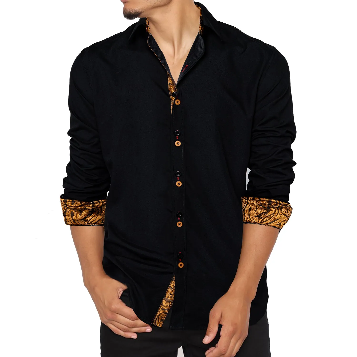 Ties2you Button Down Shirt Black Gold Paisley Stitching Silk Men's Long Sleeve Shirt