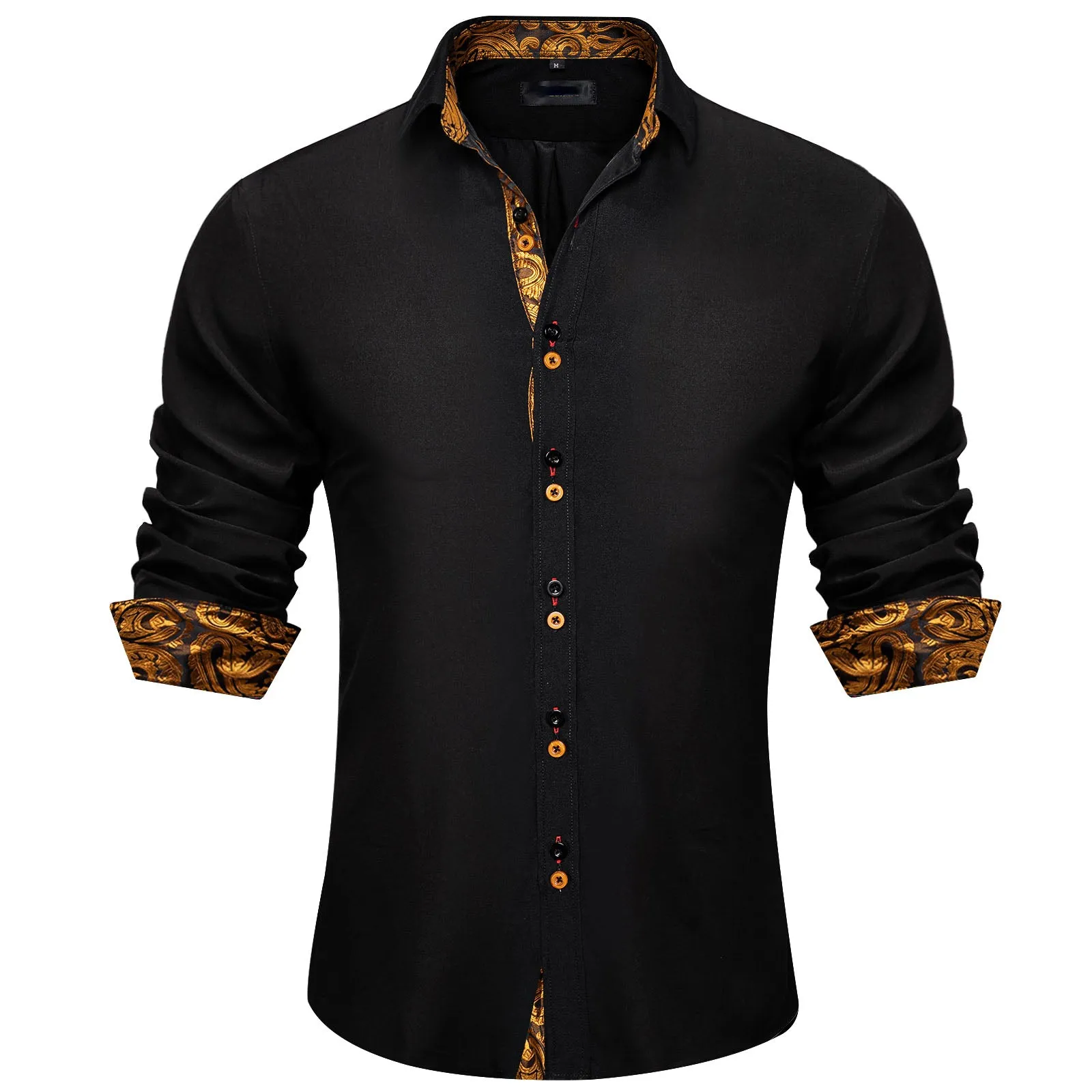 Ties2you Button Down Shirt Black Gold Paisley Stitching Silk Men's Long Sleeve Shirt