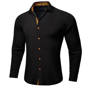 Ties2you Button Down Shirt Black Gold Paisley Stitching Silk Men's Long Sleeve Shirt