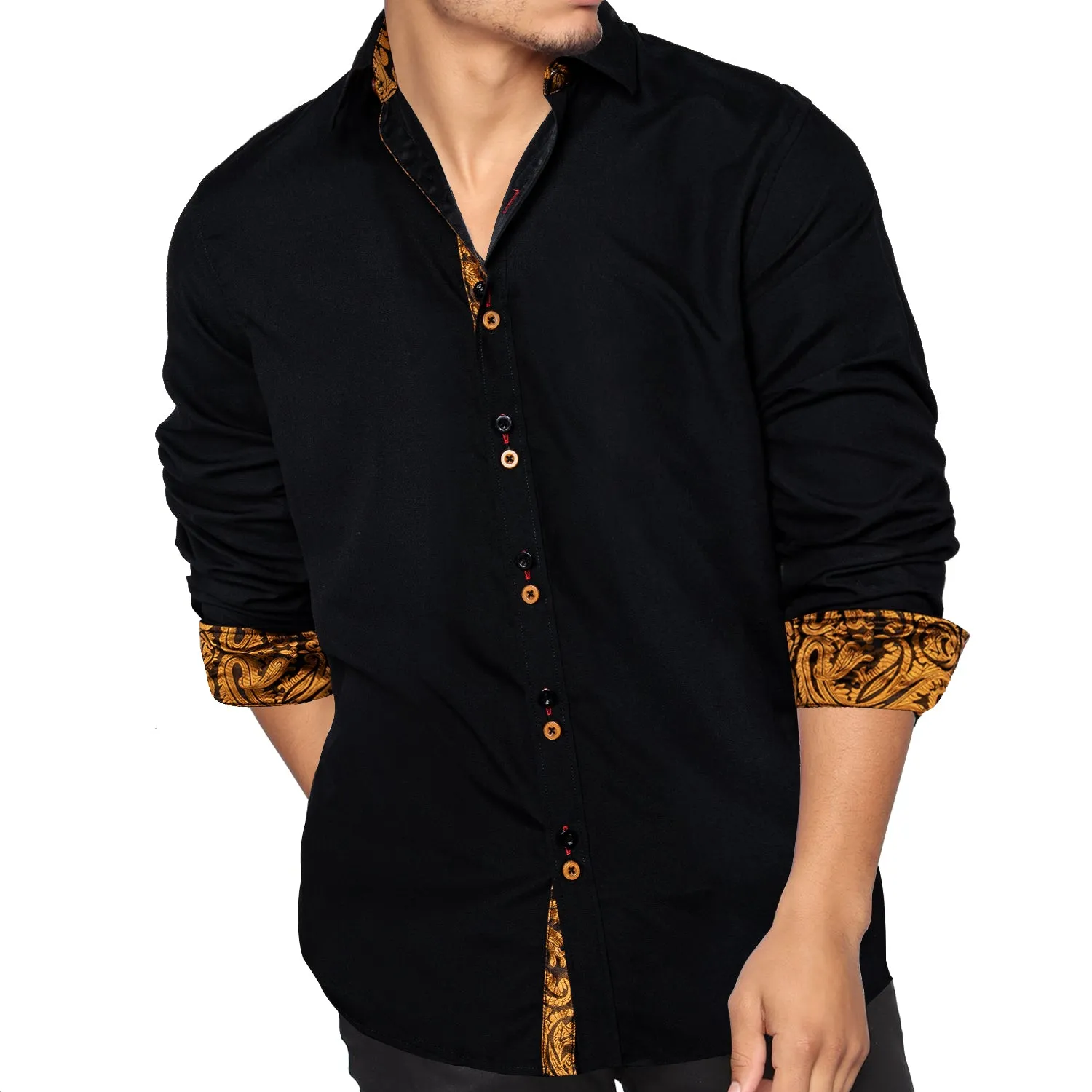 Ties2you Button Down Shirt Black Gold Paisley Stitching Silk Men's Long Sleeve Shirt