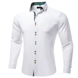 Ties2you Button Down Shirt White Green Paisley Stitching Silk Men's Long Sleeve Shirt