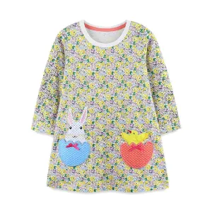 Toddler/Kid Girl's Long Sleeve Bunny with Chick Embroidery Design Dress