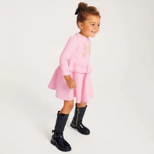 Toddler/Kid Girl's Long Sleeve Gold Bow Print Design Pink Dress