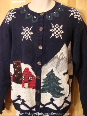 Ugly Christmas Sweater Winter Town with Fence
