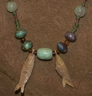 Unique Vintage Hand crafted Ethnic Old Kalimantan Glass Trade Beads Necklace with 2 Asian Water Buffalo Bone Hand Carved Pendants of fish “Zodiac Pisces”, Borneo, Indonesia NECK31   1 Flapper Coconut necklace.