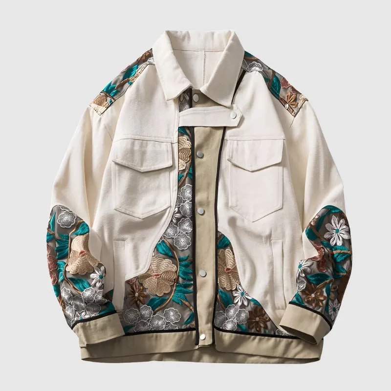 Unisex Loose Fit Shirt Style Jacket Whit Embroidered Flowers