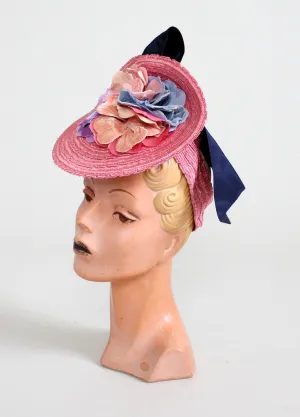 Vintage 1930s Dramatic Pink Floral Straw Tilt Hat