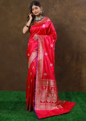 Watermelon Pink Hand Woven Pure Katan Silk Saree