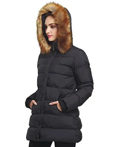 WenVen Women's Forward Long Down Jacket(Black, US X-Large)